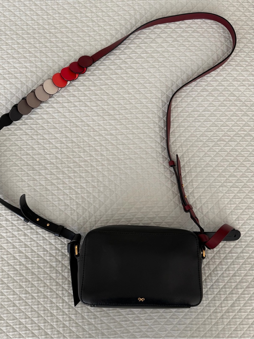 Anya Hindmarch Black Crossbody Camera Bag with Red Circles Accent Strap